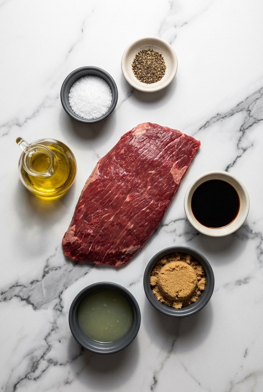 Raw flank steak flat lay surrounded by soy sauce, garlic, and acidic tenderizer ingredients for the marinated flank steak recipe