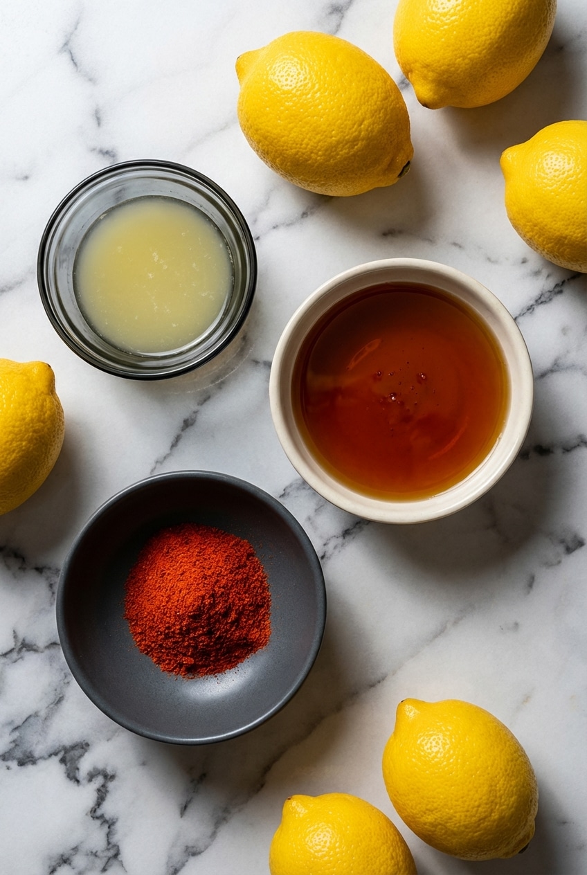 Master cleanse recipe essentials: fresh lemons, Grade A Dark maple syrup, capsaicin, and non-iodized sea salt.