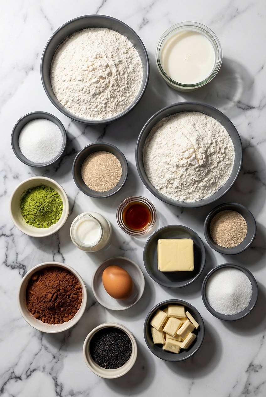 Ingredients for Matcha Milk Bread Turtles including vibrant matcha powder, bread flour, and black sesame seeds.