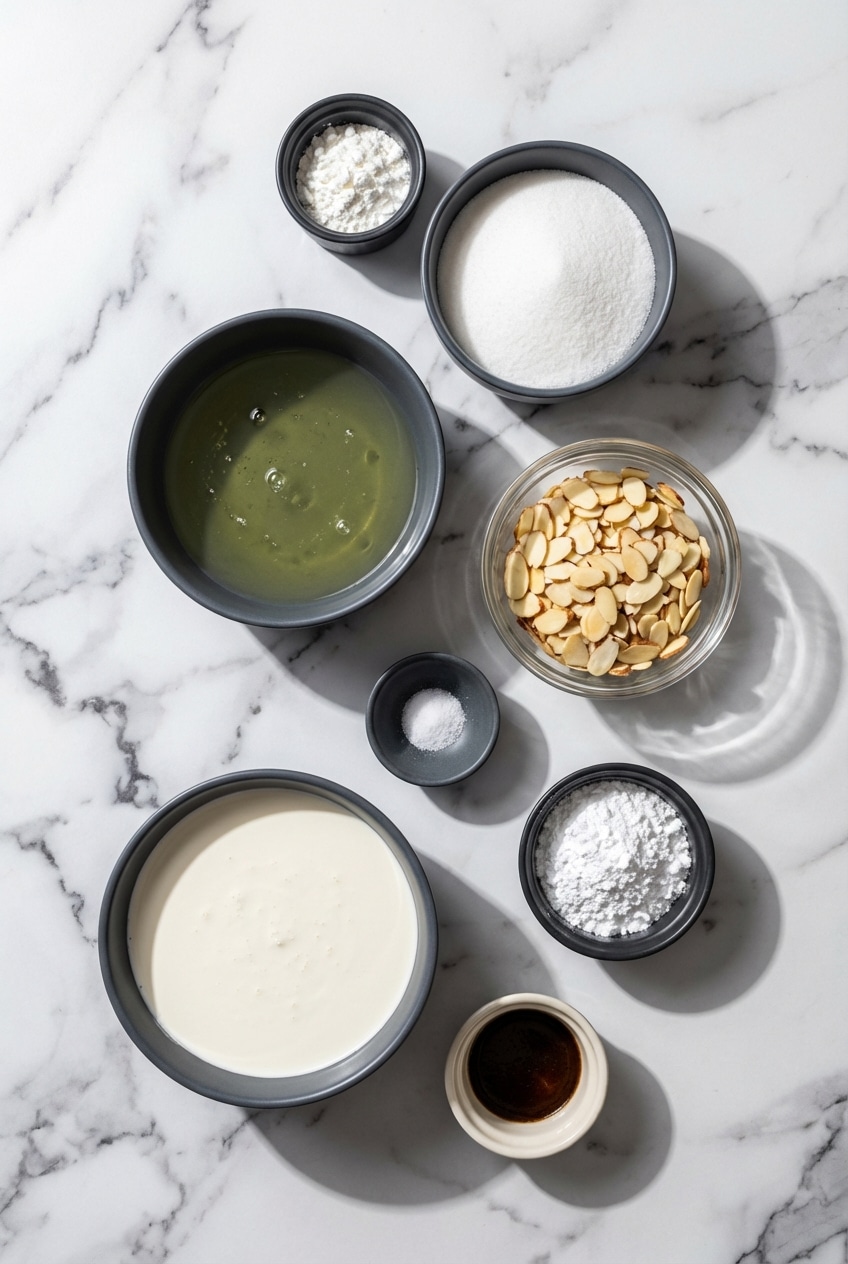 Overhead view of meringue roulade ingredients including caster sugar, vanilla bean paste, and cornstarch on a table.