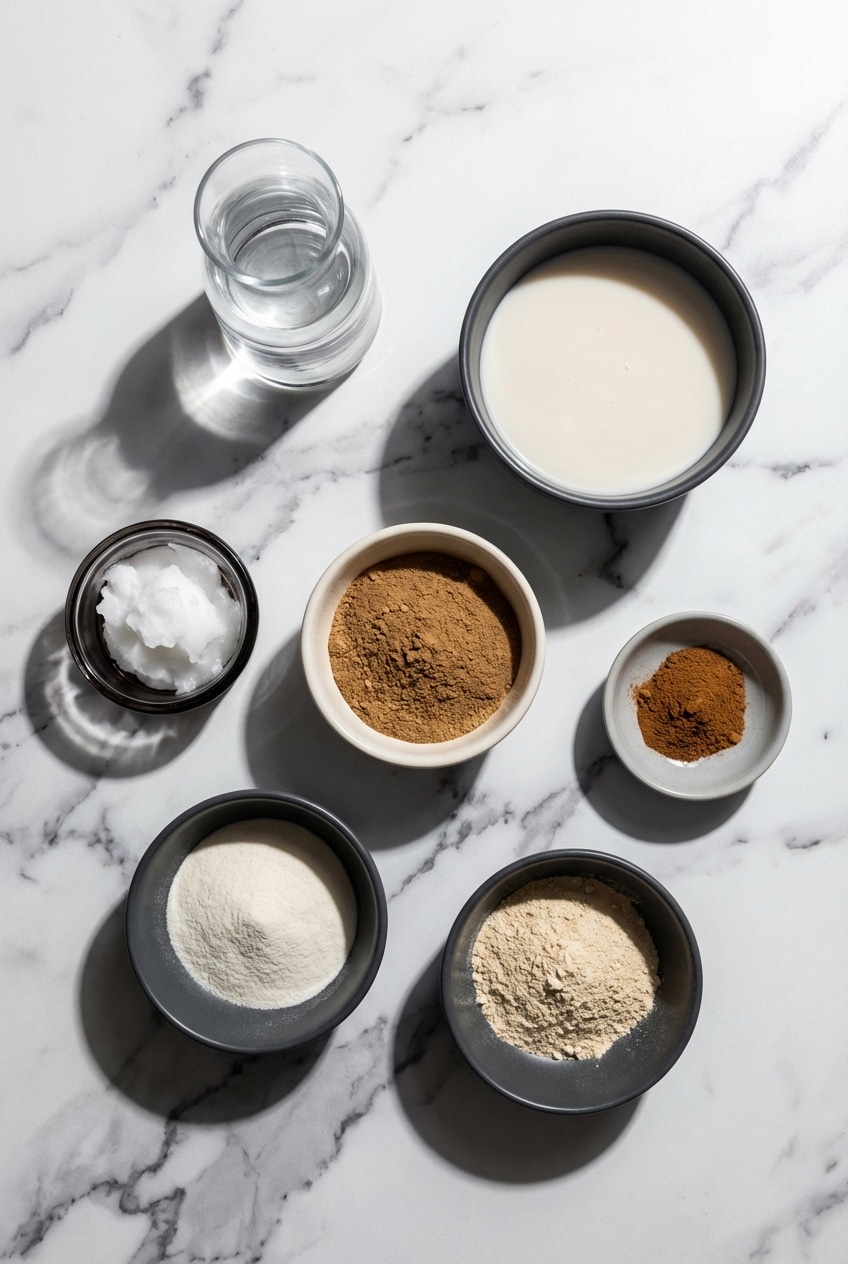 Flat lay of mushroom coffee recipe for weight loss ingredients including Chaga, Lion's Mane, and C8 MCT oil.
