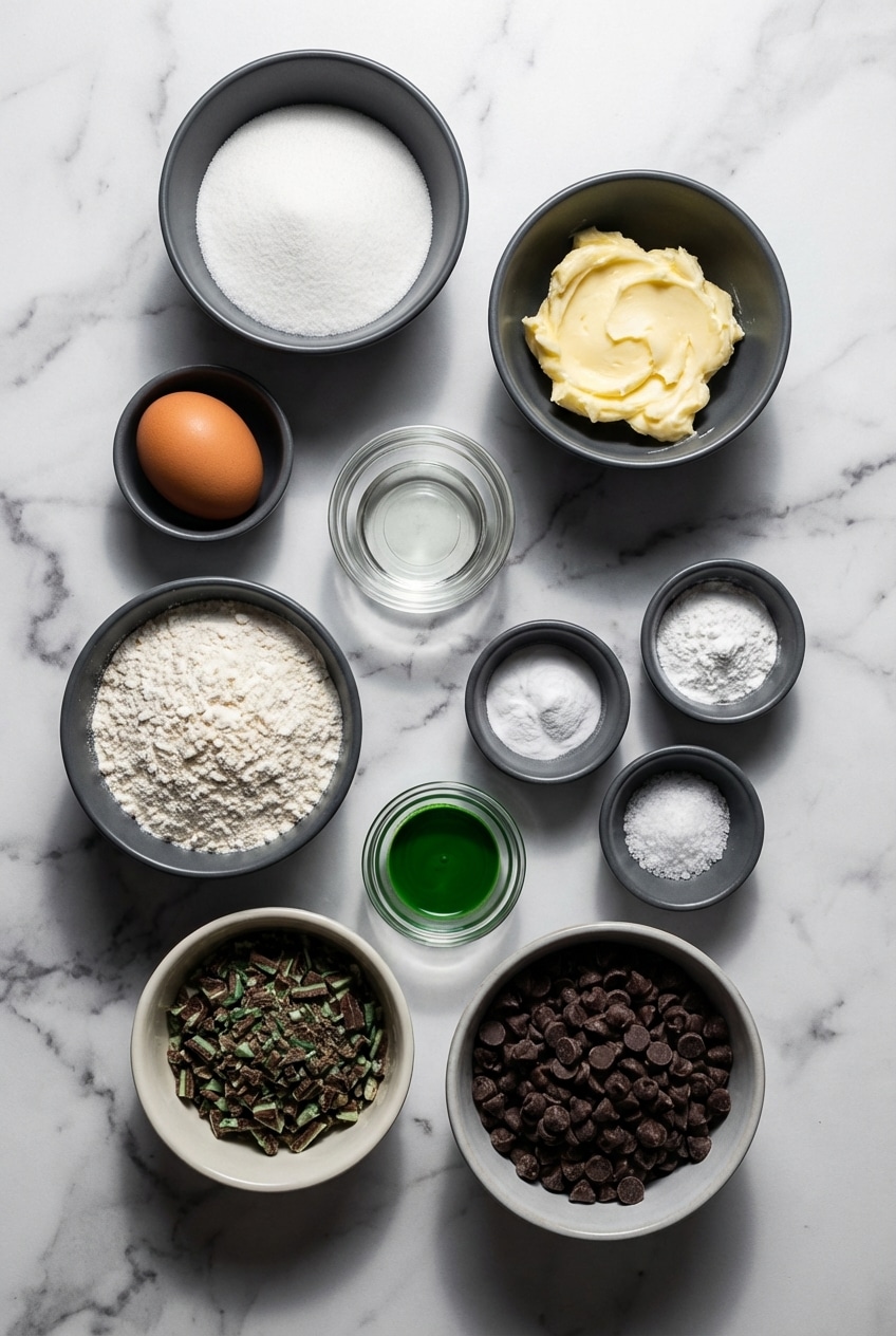 All-purpose flour, peppermint extract, and softened butter gathered for homemade mint chocolate chip cookies.
