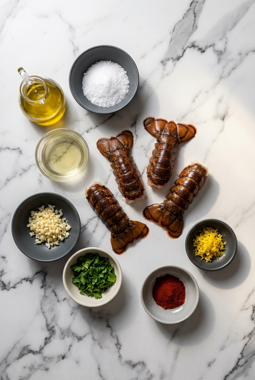 Raw Maine lobster, kitchen shears, white miso, and unsalted butter for an easy lobster tail recipe.