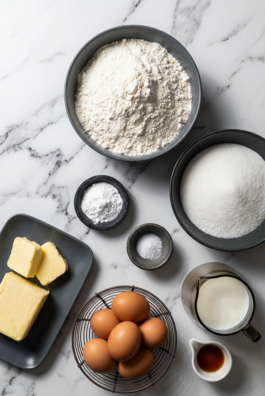 Overhead view of room temperature butter, cake flour, sour cream, and eggs arranged for a pound cake recipe.