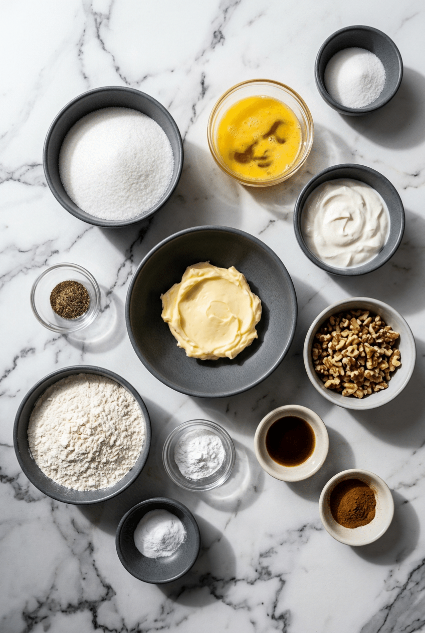 Room temperature ingredients for mom's sour cream coffee cake gathered on a counter, including sour cream, butter, and walnuts.