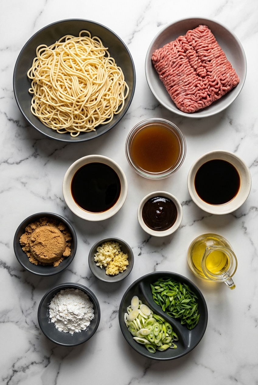 Flat lay of ingredients for mongolian ground beef noodles featuring lo mein noodles, hoisin sauce, and fresh ginger root.