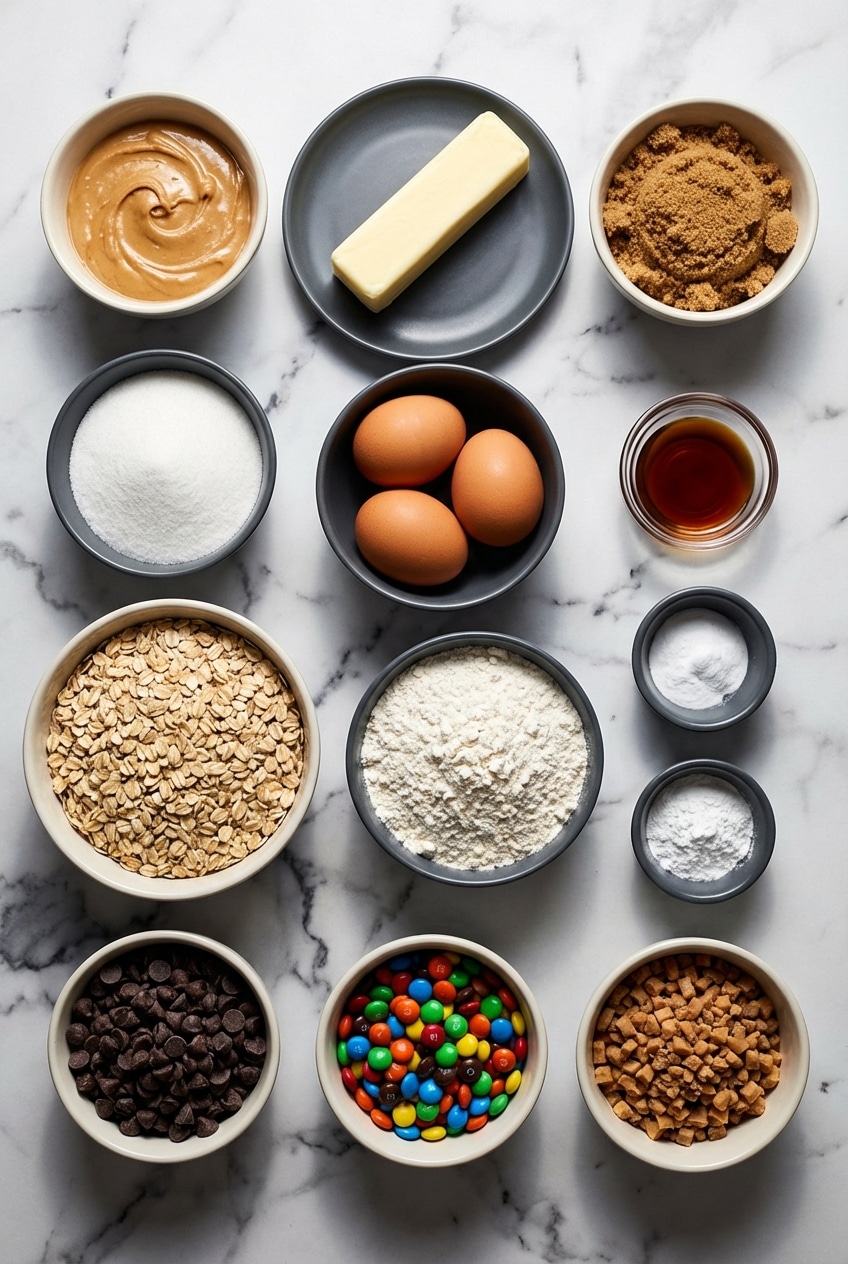 Flat lay of monster cookies ingredients including old-fashioned rolled oats, creamy peanut butter, and M&M candies.