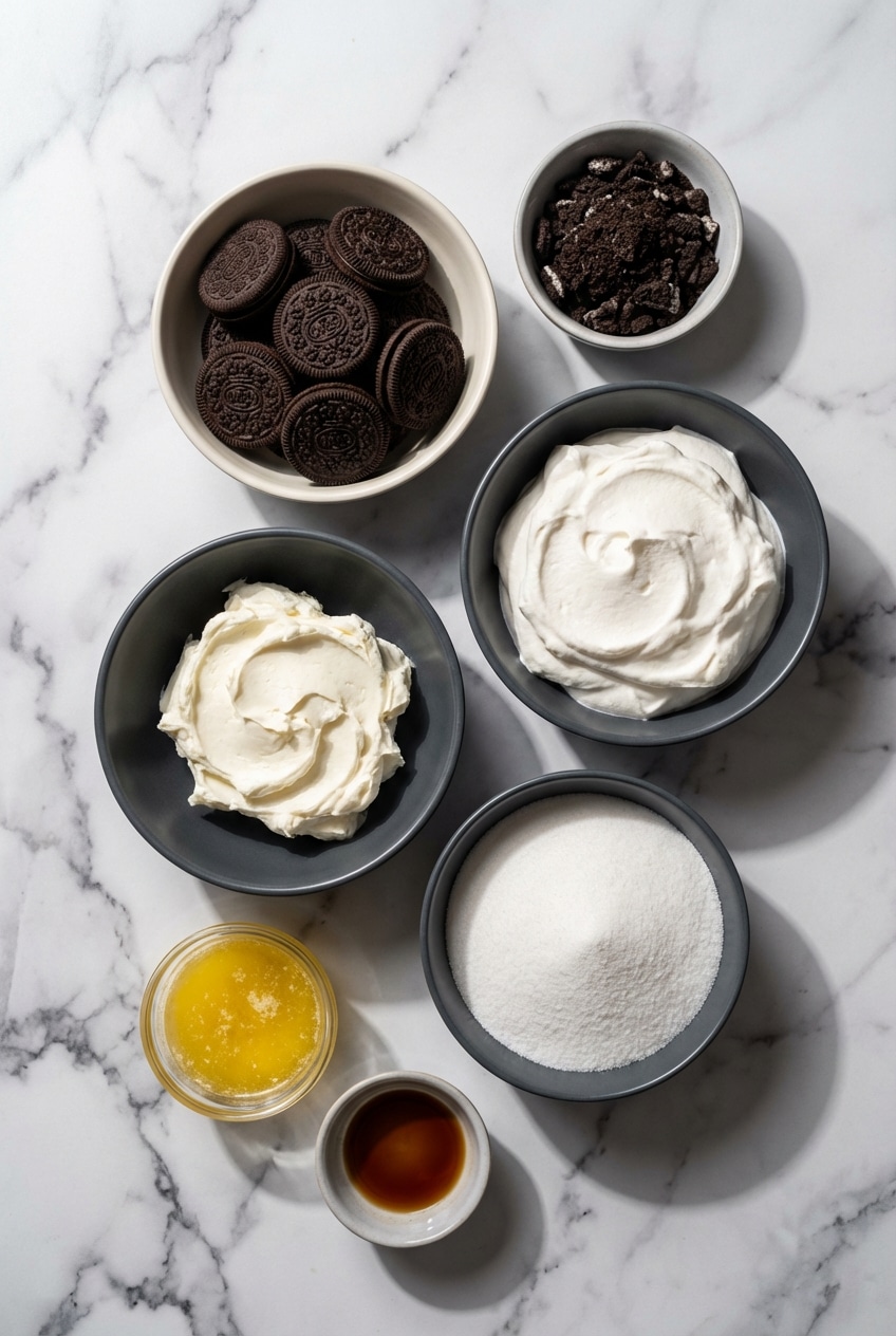Ingredients for No Bake Oreo Cheesecake featuring Philadelphia Cream Cheese, Oreo cookie crumbs, and whipped topping.