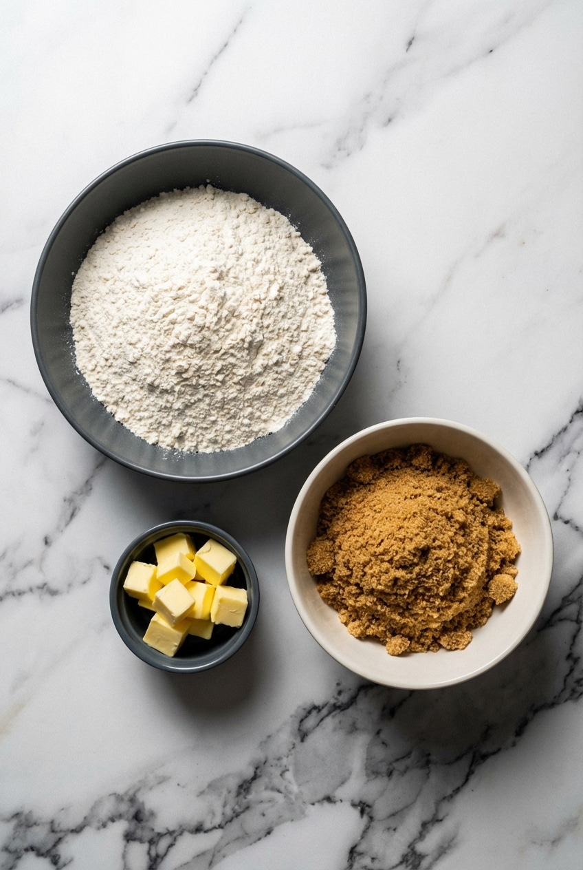 Overhead view of raw ingredients for crumble topping including cubes of cold butter, brown sugar, flour, and old-fashioned oats