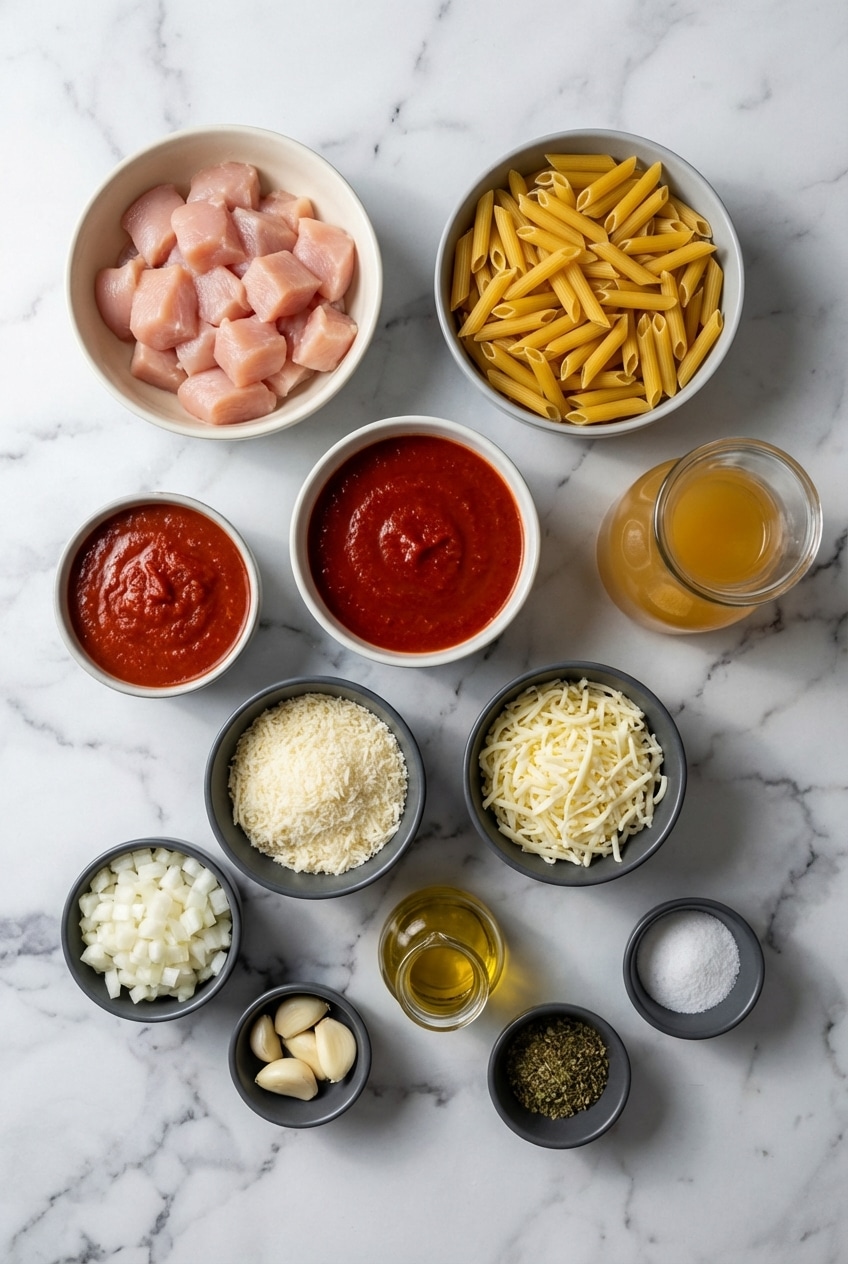 Raw ingredients for one pot chicken parmesan pasta including chicken, pasta, and tomatoes rich in lycopene.