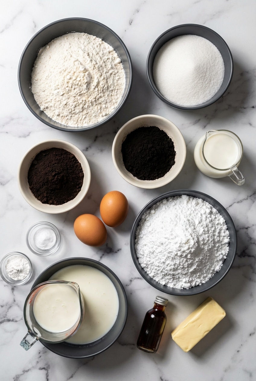 Ingredients for black velvet cake arranged on a surface, including a bowl of black cocoa powder, buttermilk, and flour.