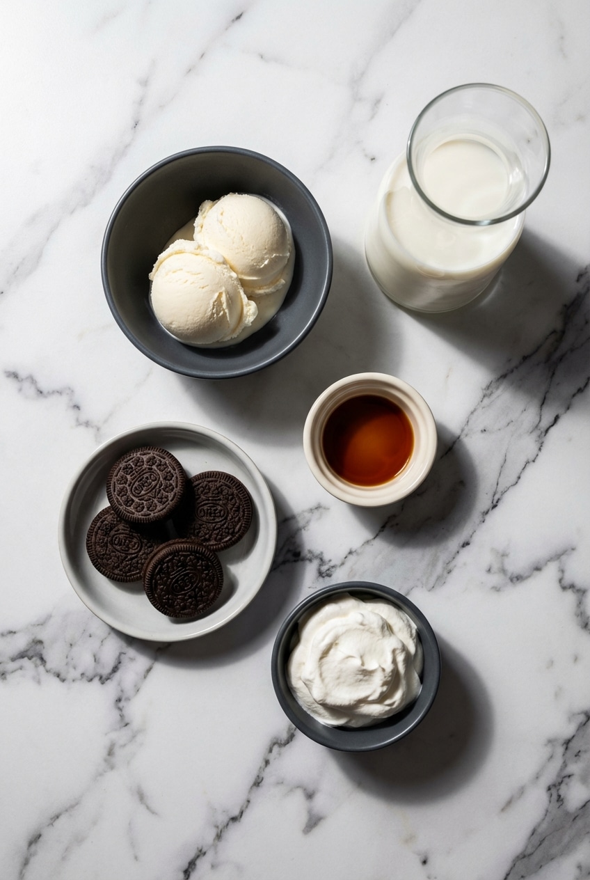 Vanilla ice cream, whole milk, and chocolate sandwich cookies laid out for an oreo milkshake recipe.