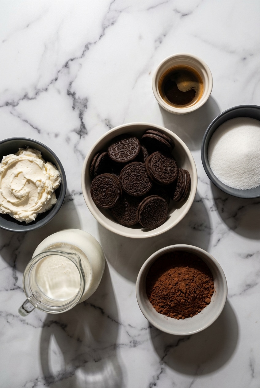 oreo tiramisu trifle ingredients flat lay