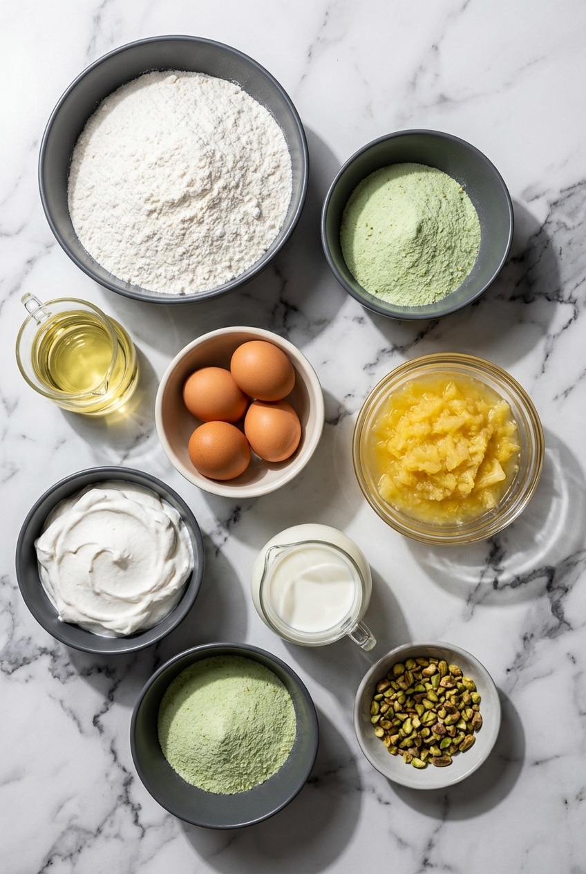 Overhead view of ingredients for Pistachio Pineapple Paradise Cake including angel food cake mix and crushed pineapple.