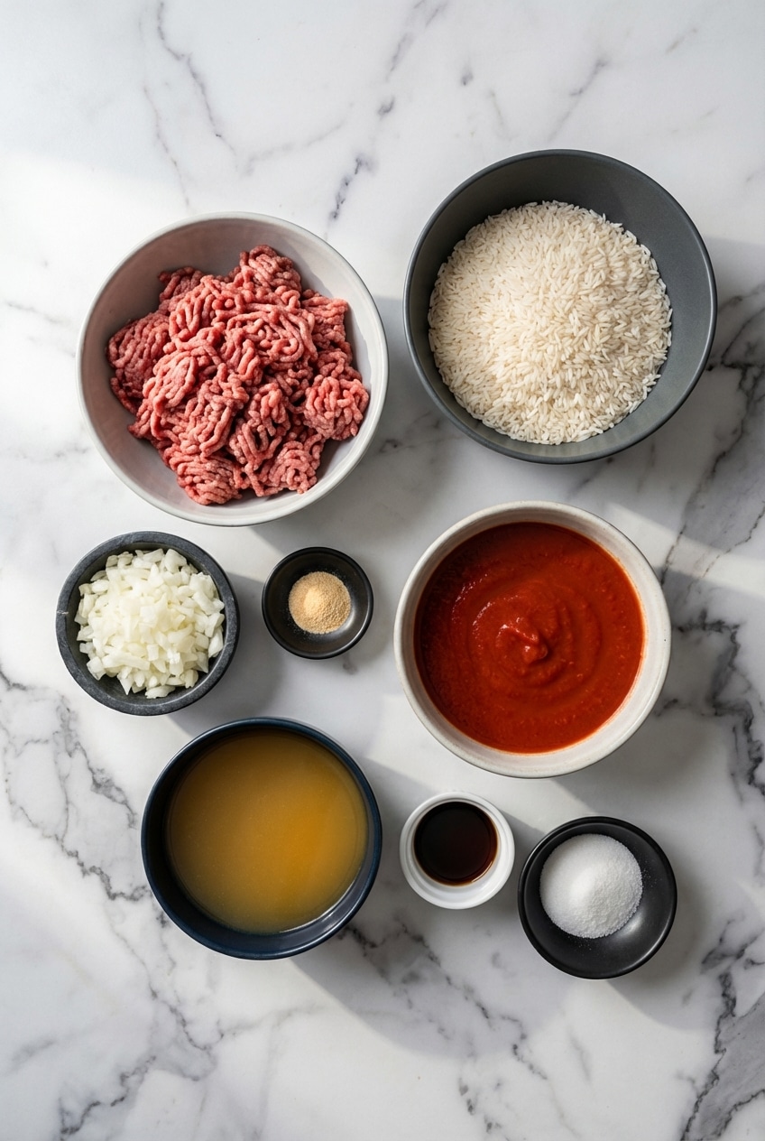Overhead view of raw ingredients for porcupine meatballs including ground beef, long grain white rice, tomato sauce, and aromatics