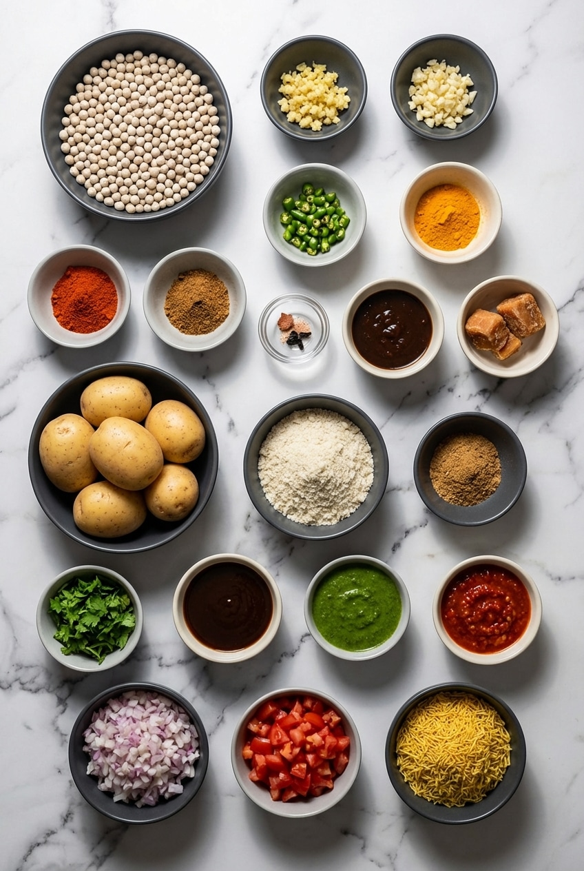 Raw vatana, safed matar, and spices for ragda patties recipe including turmeric and garam masala on a flat lay.