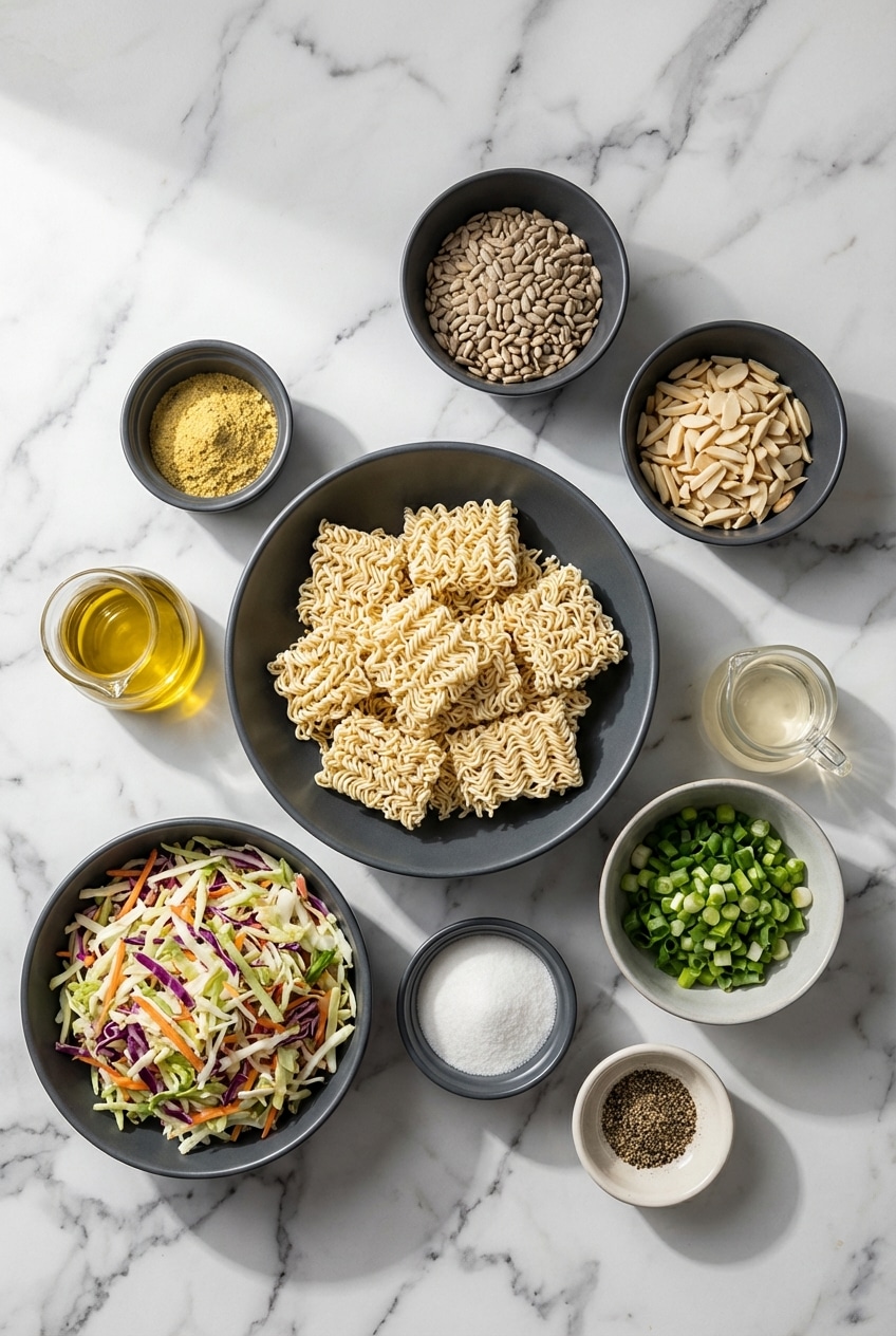 A flat lay of ramen noodle salad ingredients including instant ramen, napa cabbage, edamame, and mandarin oranges.