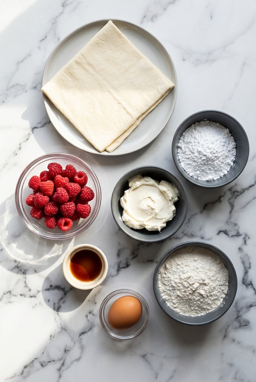 Flat lay of Philadelphia cream cheese, raspberries, and puff pastry for a cardamom-infused Raspberry Cheese Danish.
