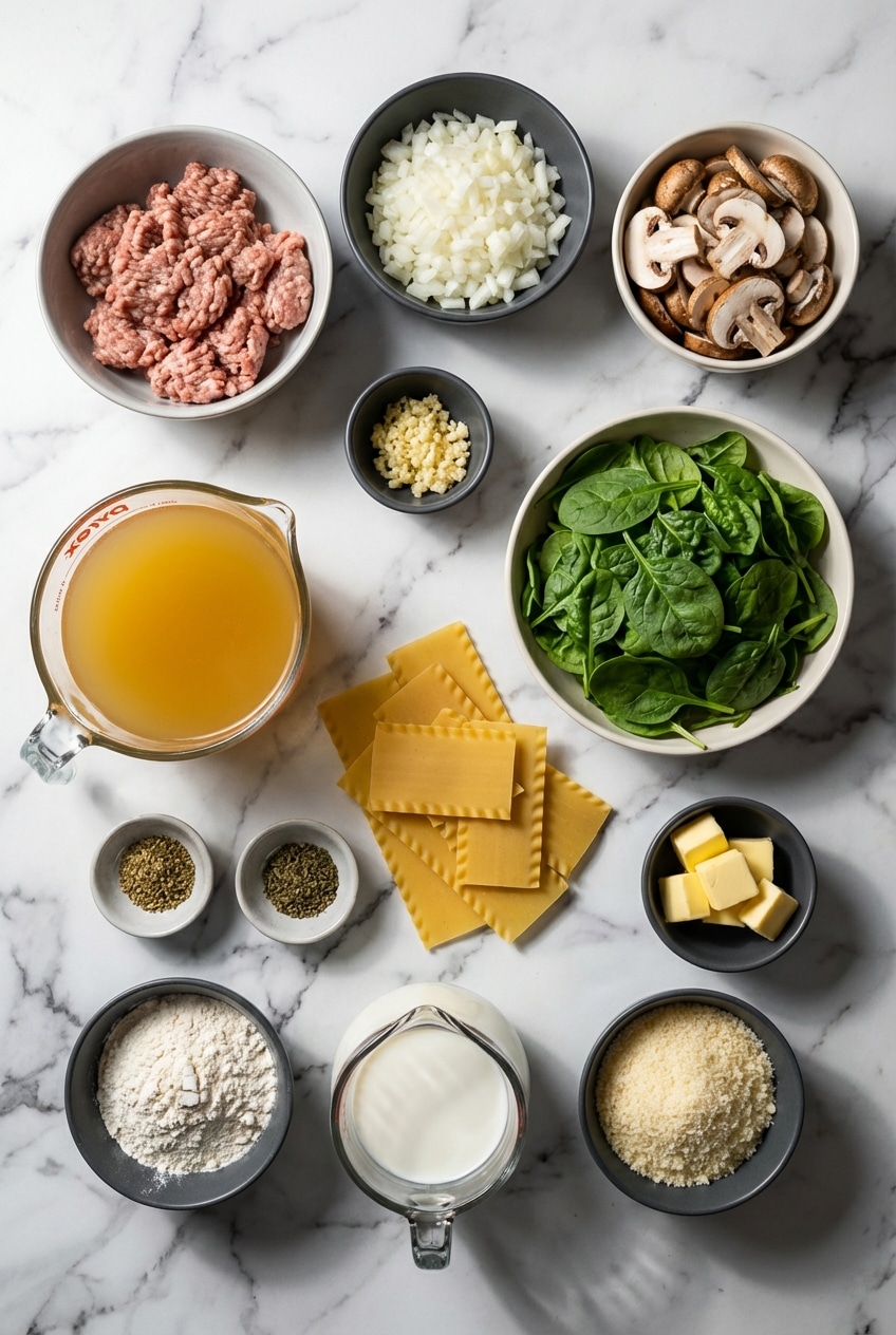 Overhead view of ingredients for creamy alfredo lasagna soup, including lasagna noodles, heavy cream, Parmesan-Reggiano, and garlic.