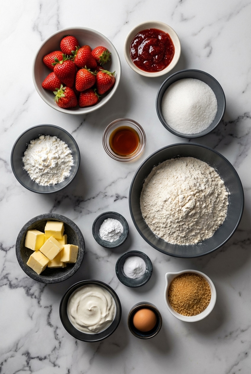 Flat lay of ingredients for strawberry sour cream cake including fresh strawberries, sour cream, vanilla extract, and flour.
