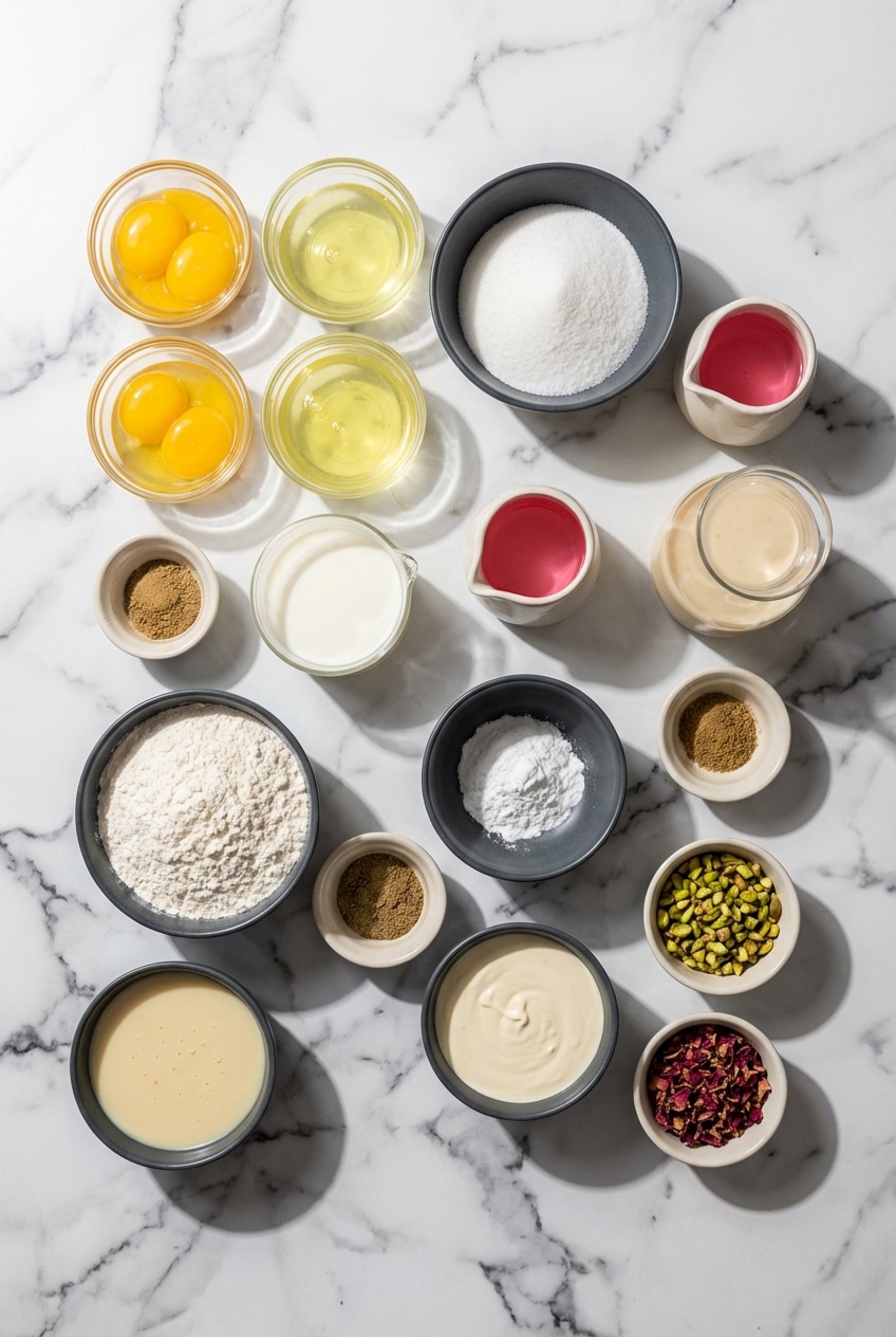 Flat lay of rose milk cake ingredients including Rooh Afza syrup, cardamom pods, pistachios, and self-raising flour.