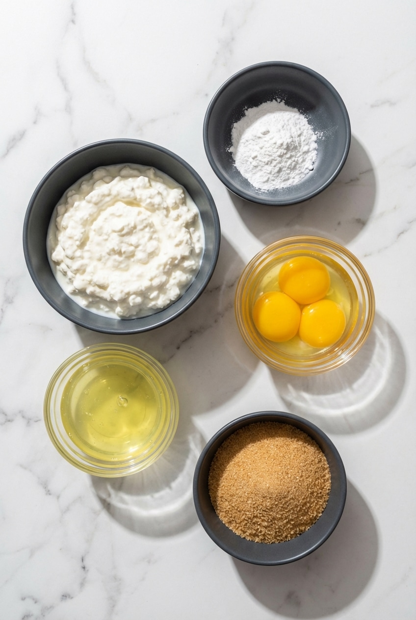 Flat lay of ingredients for Cottage Cheese Cloud Bread including 4% cottage cheese, egg whites, and cream of tartar.