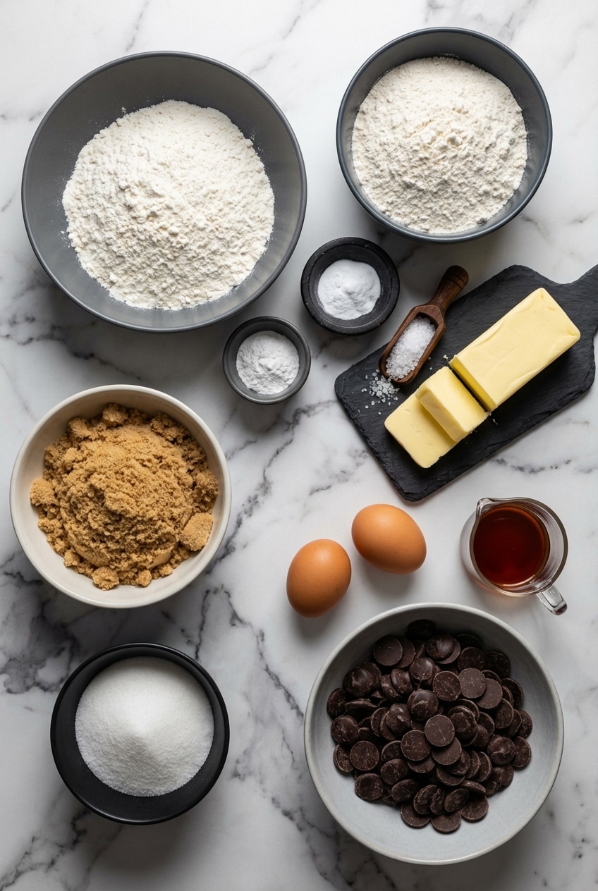 Flat lay of ingredients for sea salt chocolate chip cookies including bread flour, cake flour, and bittersweet chocolate fèves.