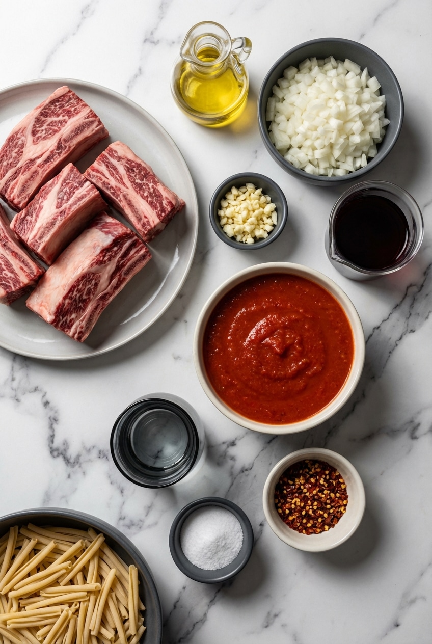 Flat lay of Short Rib Ragu ingredients featuring beef ribs, San Marzano tomatoes, and soffritto vegetables.