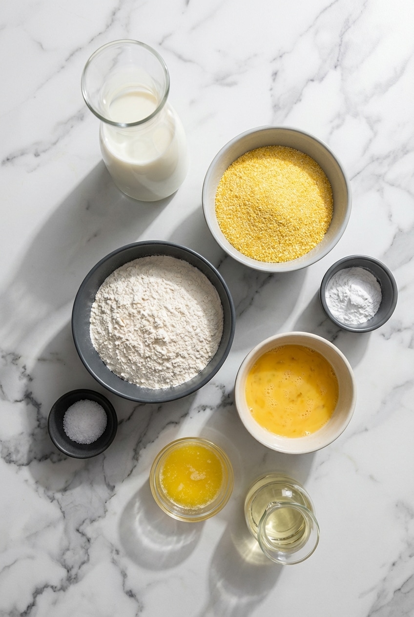 Flat lay of ingredients for skillet cornbread including cornmeal, buttermilk, and honey for the beurre noisette.