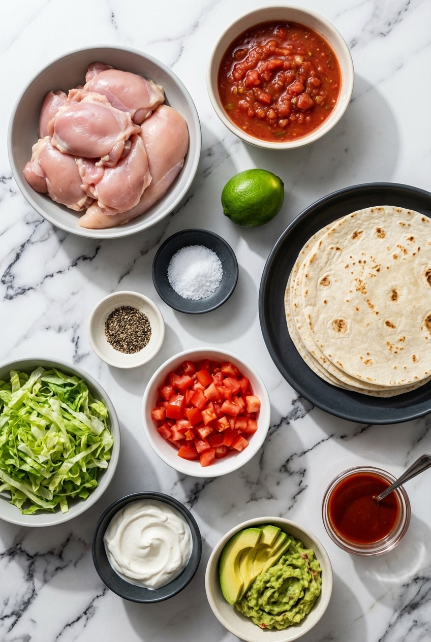 Raw ingredients for Slow Cooker Chicken Tacos including chicken thighs, salsa, taco seasoning, and lime zest.