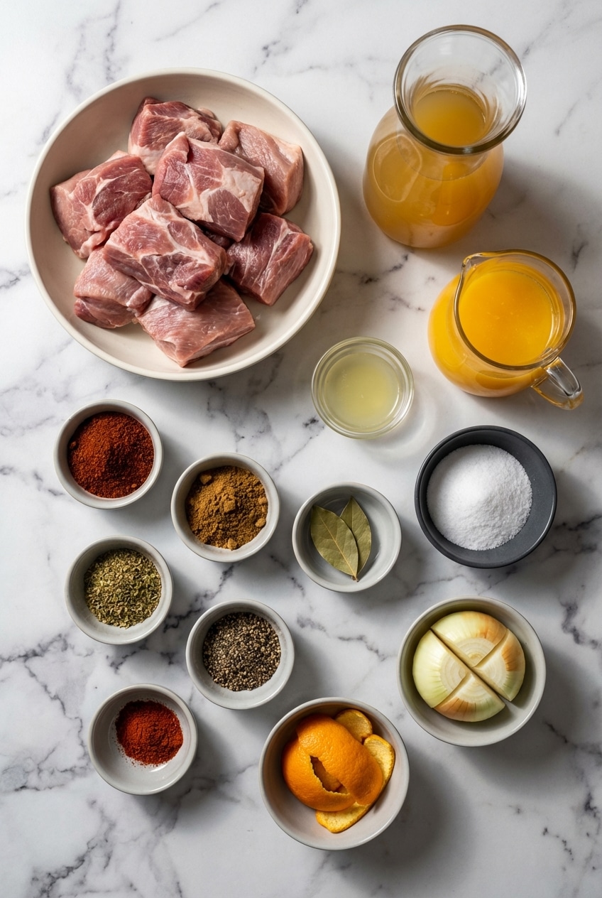 Raw ingredients for slow cooker pork carnitas including pork shoulder, Mexican oregano, cumin, and orange juice.