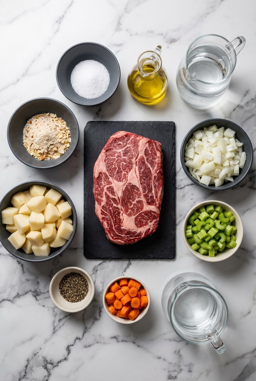 Raw Chuck Roast, Yukon Gold potatoes, mirepoix, and beef broth for Slow Cooker Pot Roast preparation.