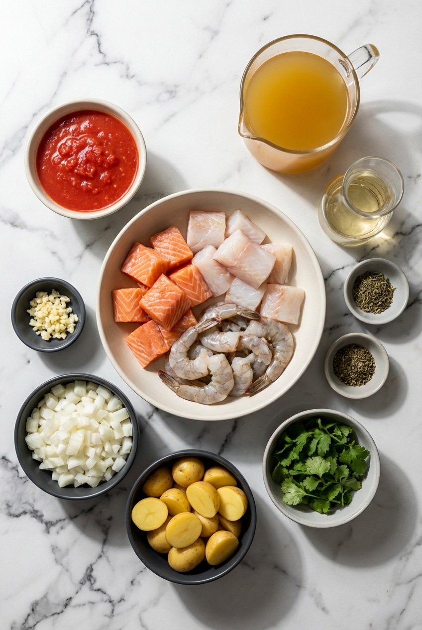 Raw ingredients for slow cooker seafood stew featuring shrimp, firm white fish, potatoes, and clam juice.