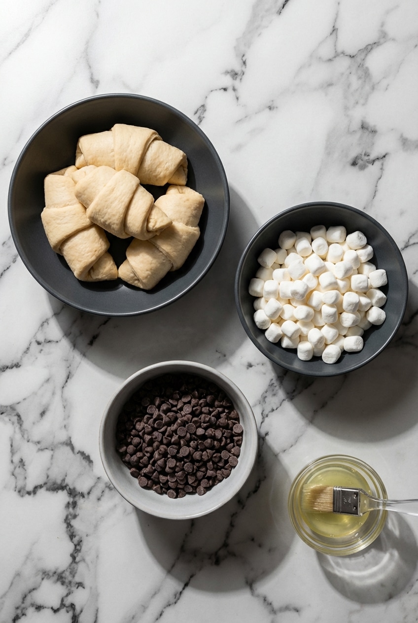 Flat lay of ingredients for S’mores Crescent Rolls including refrigerated dough, chocolate chips, and mini marshmallows.
