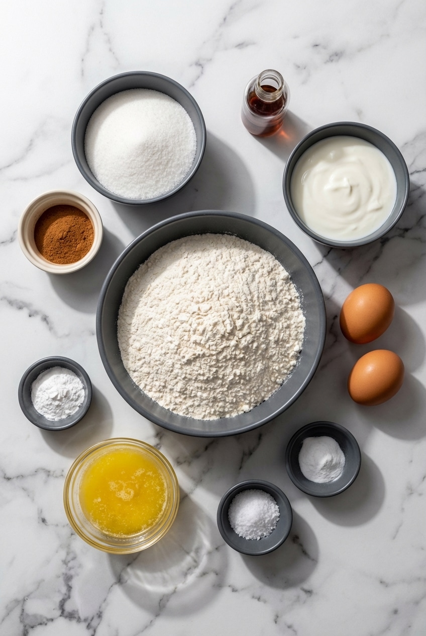 Pantry staples for snickerdoodle muffins featuring unsalted butter, plain yogurt, and all-purpose flour.