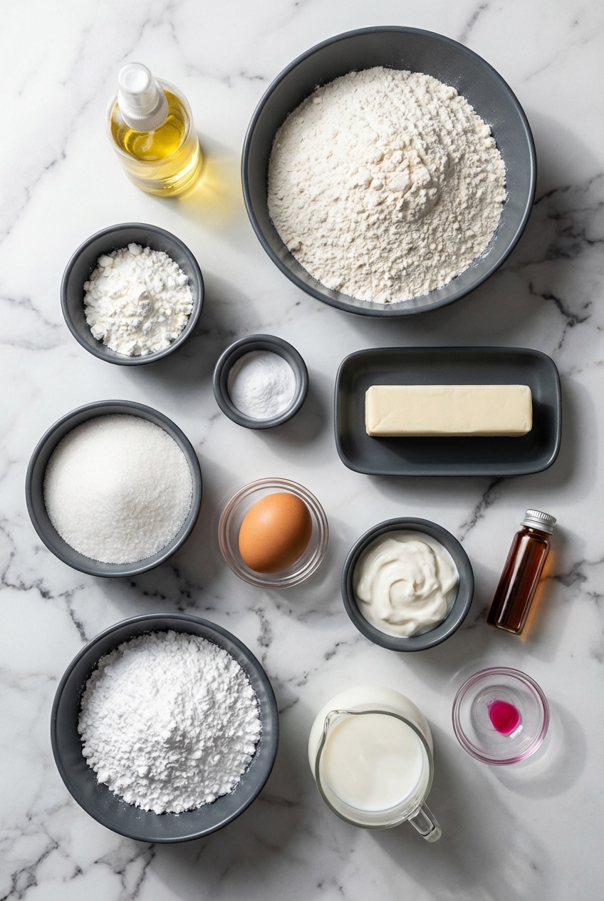 Overhead view of sugar cookie bars ingredients including unsalted butter, sour cream, and all-purpose flour on a counter.