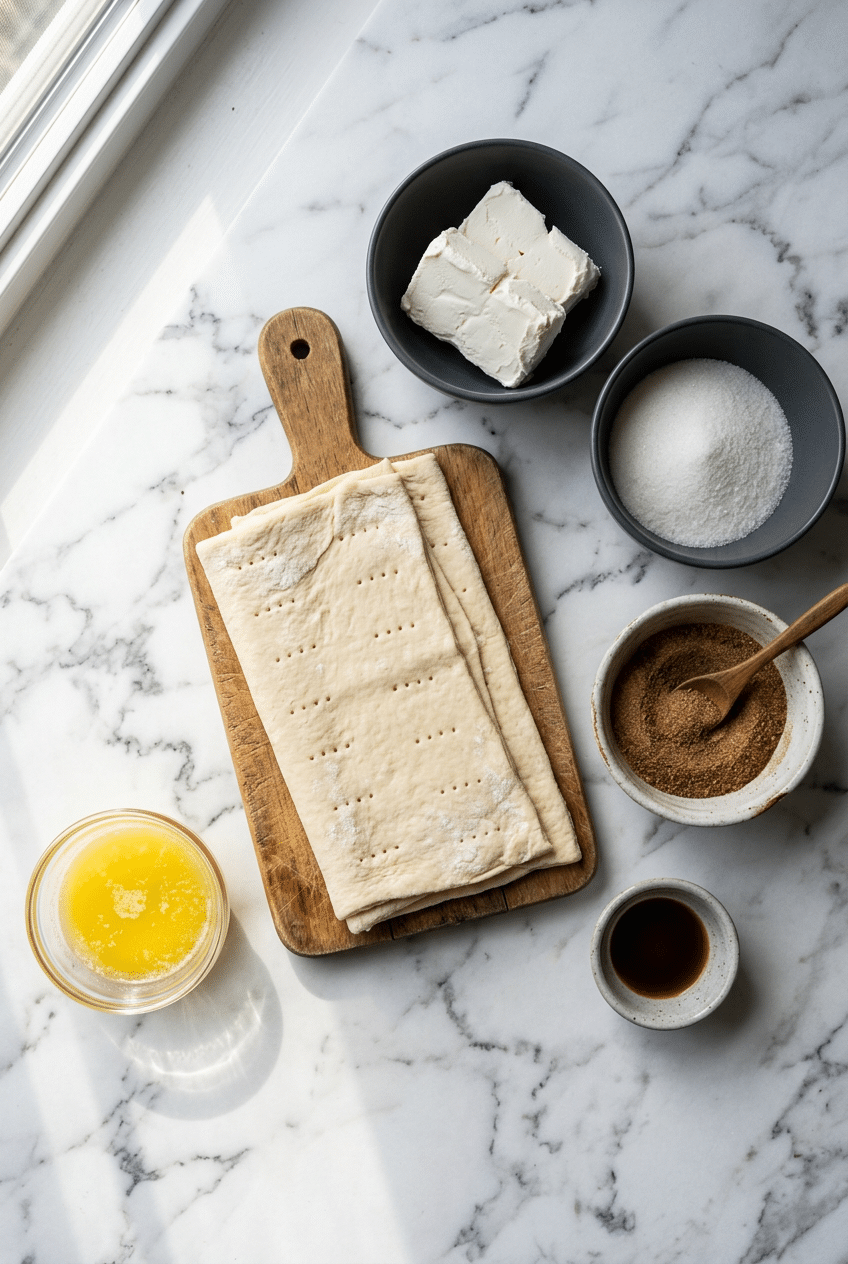 Ingredients for our sopapilla cheesecake recipe, including crescent roll dough, cream cheese, butter, and vanilla extract.