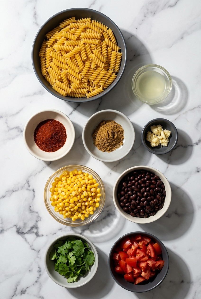 Top-down view of southwestern pasta salad ingredients including rotini, chipotle in adobo, lime zest, and cotija cheese.