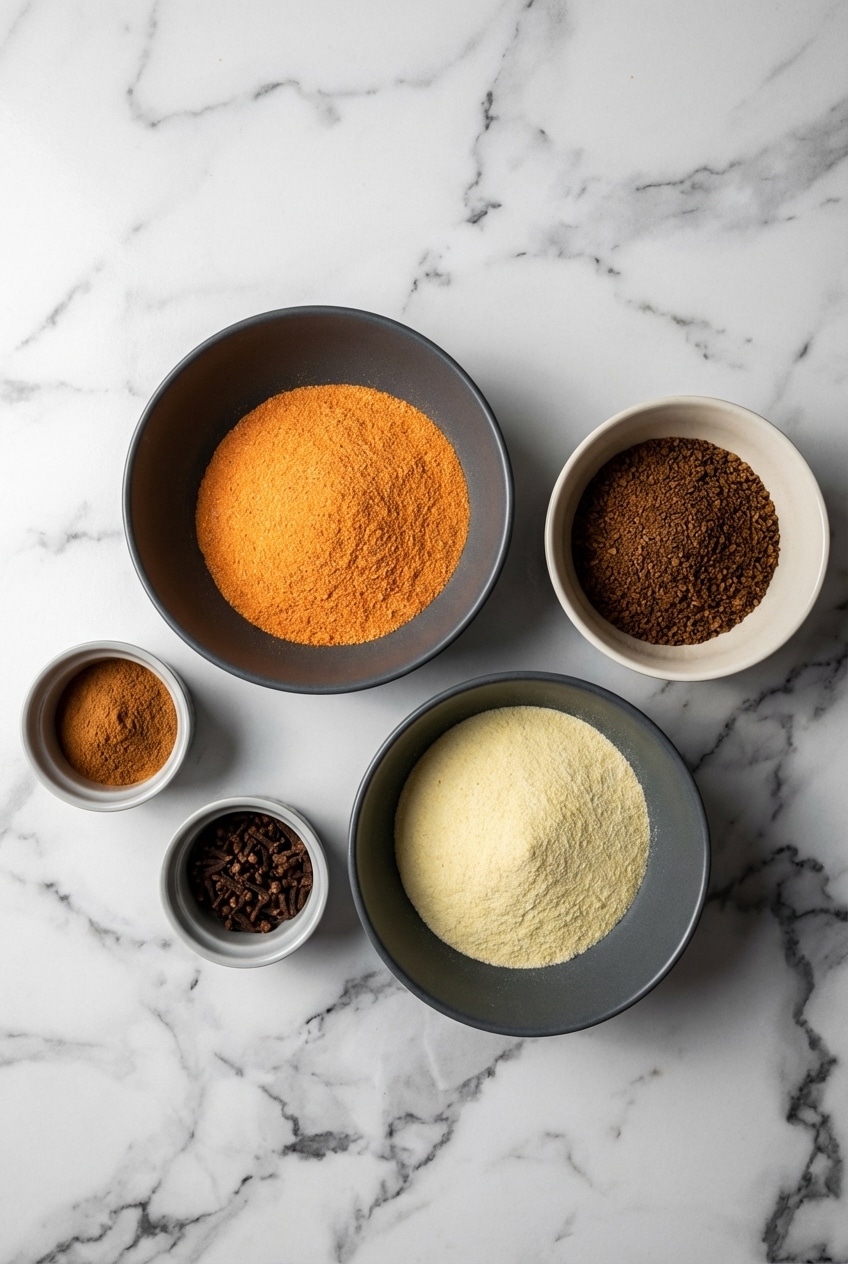 Overhead view of Tang orange drink, instant tea, lemonade mix, and cinnamon for a friendship tea recipe.