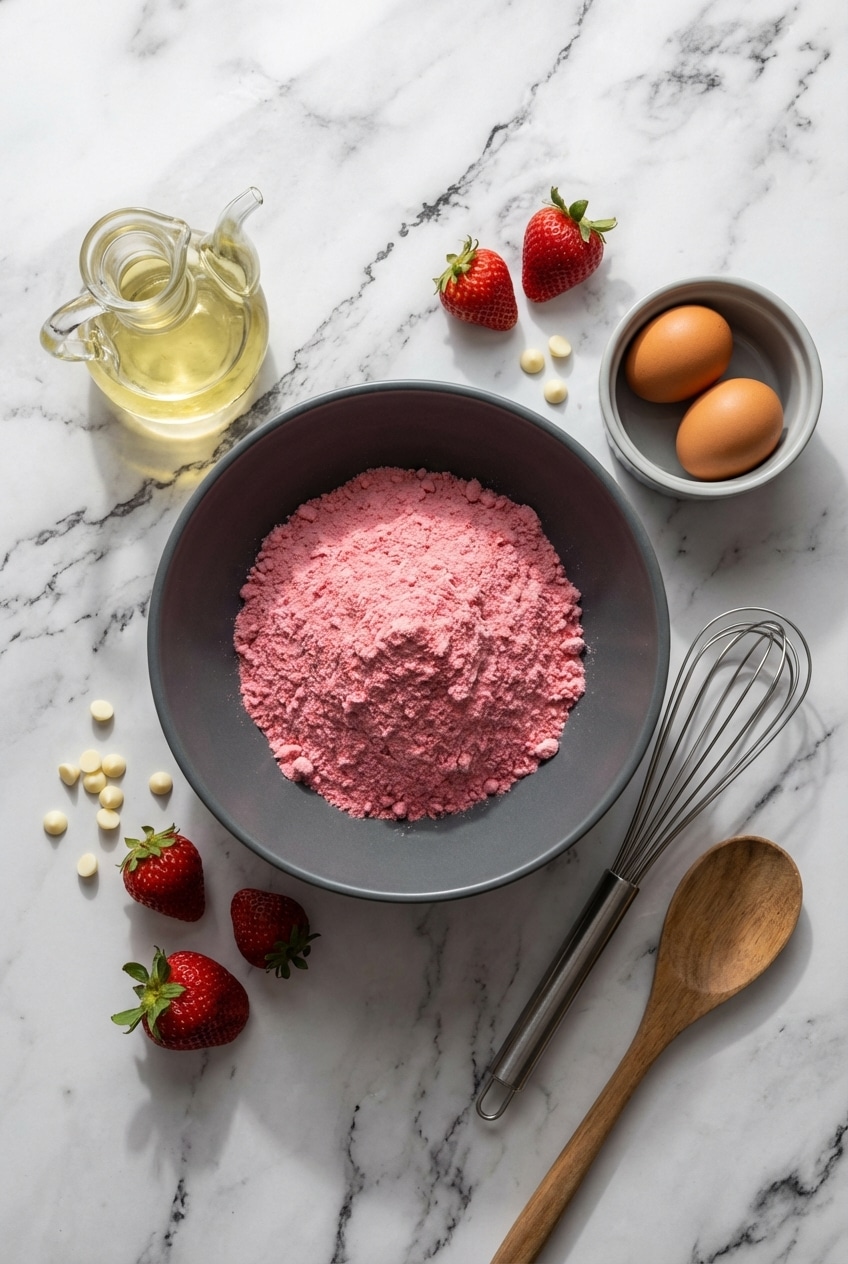 Overhead view of boxed cake mix, vegetable oil, and large eggs for making strawberry cake mix cookies.