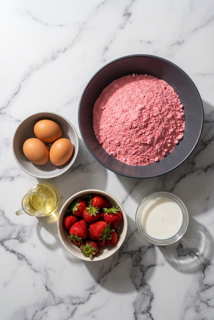 Flat lay of white cake mix, strawberry gelatin, vegetable oil, and room temperature eggs for a strawberry cake mix recipe.