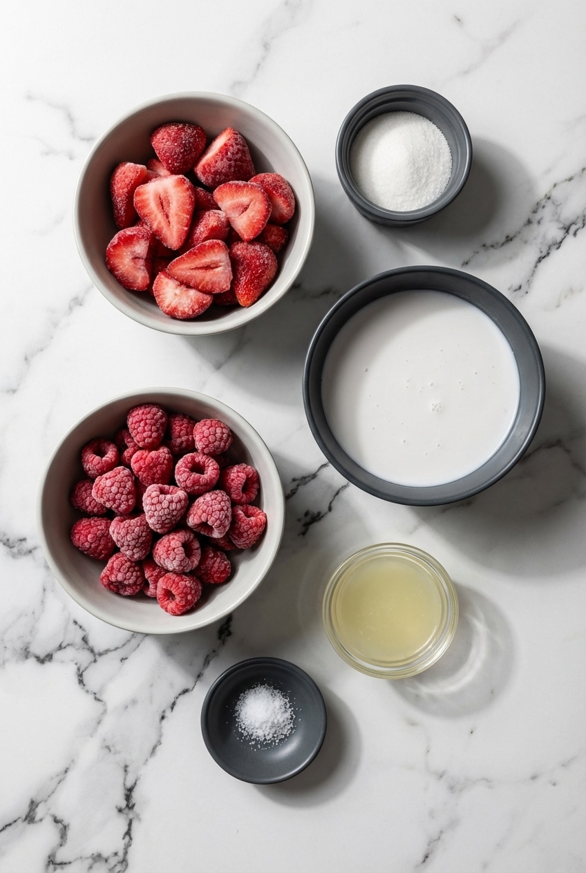 Flat lay of frozen strawberries, coconut milk, and pineapple juice ready for a strawberry dole whip recipe.