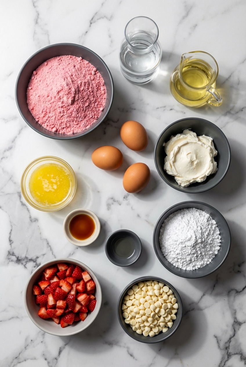 Flat lay of strawberry cake mix, cream cheese, white chocolate chips, and fresh berries for Strawberry Earthquake Cake.