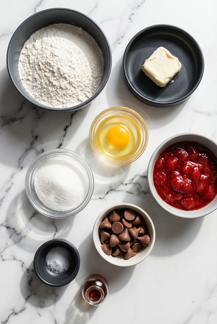 Strawberry Kiss cookies ingredients flat lay