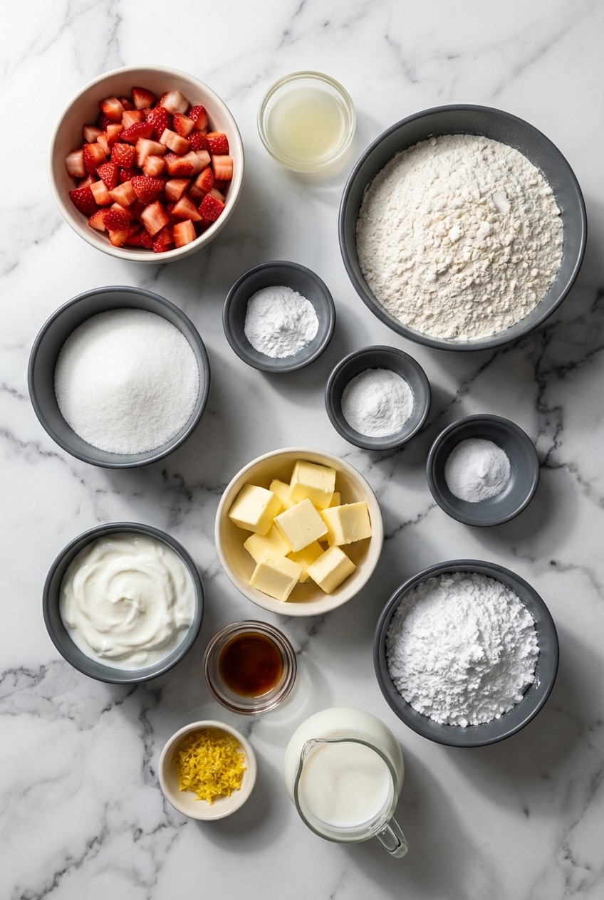 Flat lay of strawberry shortcake cookies ingredients featuring freeze-dried strawberries, cold butter, and Greek yogurt.