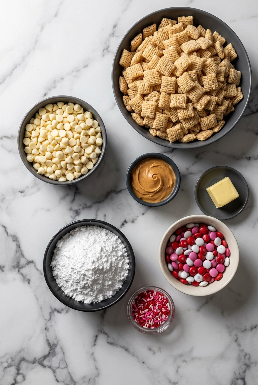 Overhead view of ingredients for valentine chex mix including rice cereal, white chocolate chips, pretzels, and strawberry powder