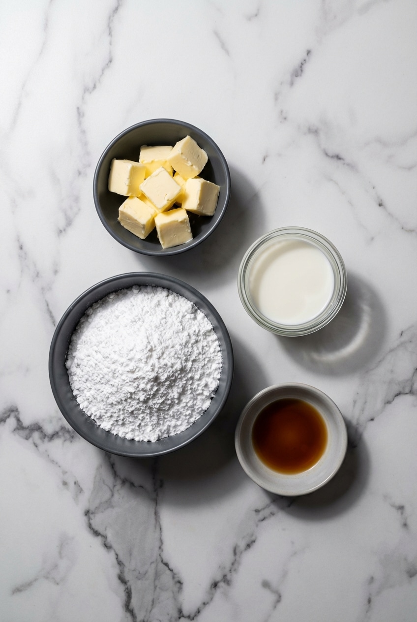 Ingredients for sugar cookie frosting recipe including unsalted butter, confectioners sugar, and vanilla extract.
