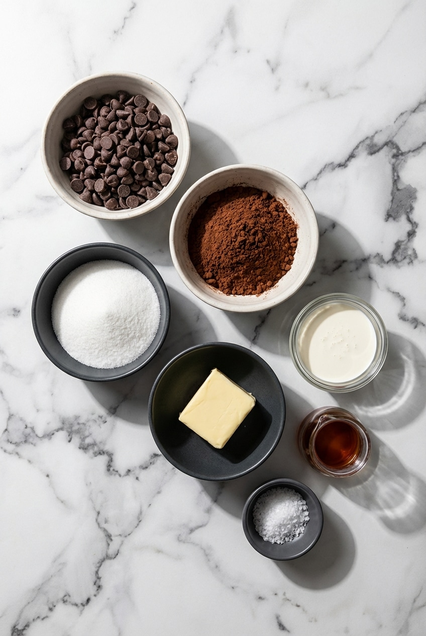 Flat lay of chocolate candy recipes ingredients including dark couverture, cacao butter, and fine espresso powder.