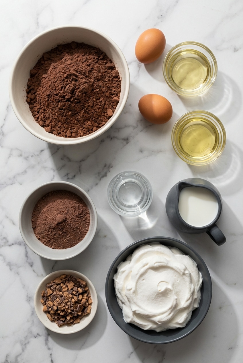Flat lay of ingredients for triple chocolate trifle with Dutch-processed cocoa, instant pudding, and Heath Bar bits.