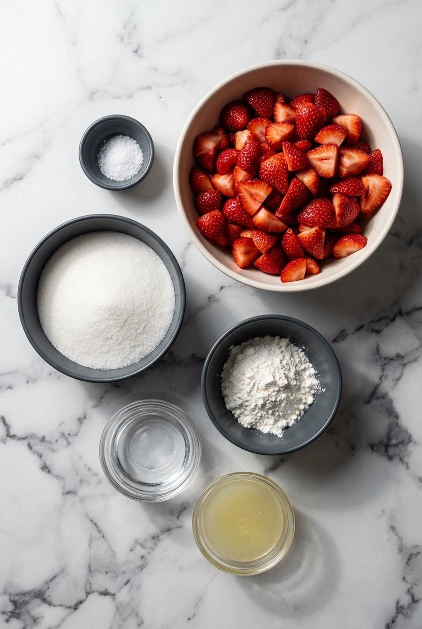 Ingredients for strawberry sorbet flat lay, including fresh strawberries, sugar, a lemon, and a small bowl of invert sugar.